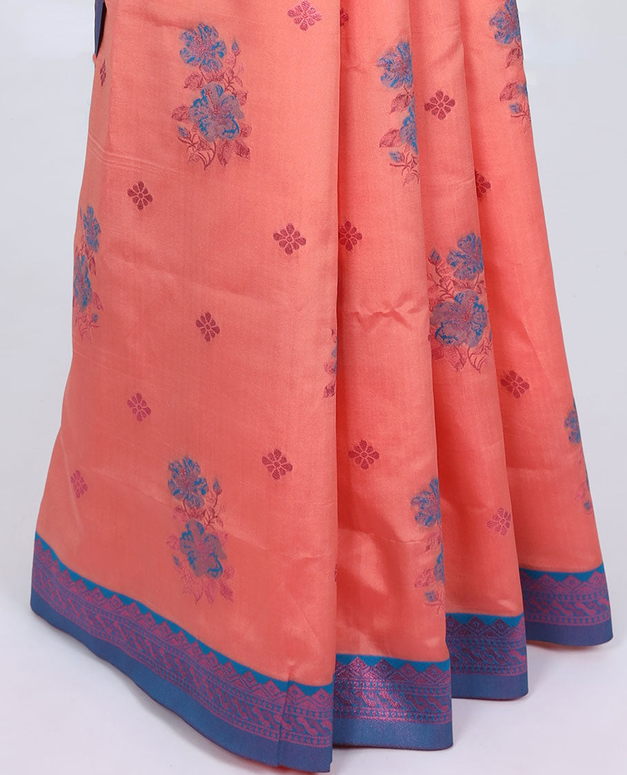 Salmon pink butter silk saree with floral buttas, contrast traditional motifs rose copper zari border & intricate pallu