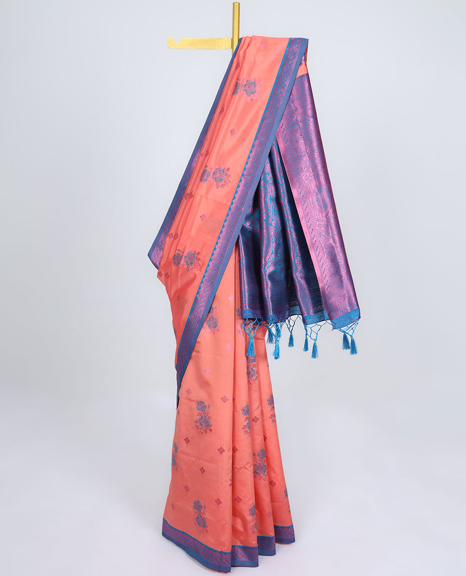 Salmon pink butter silk saree with floral buttas, contrast traditional motifs rose copper zari border & intricate pallu