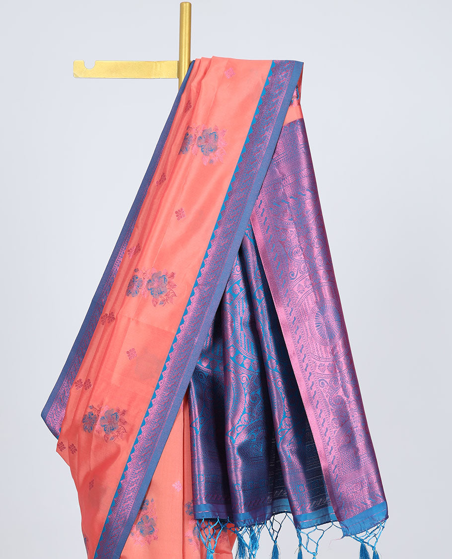 Salmon pink butter silk saree with floral buttas, contrast traditional motifs rose copper zari border & intricate pallu