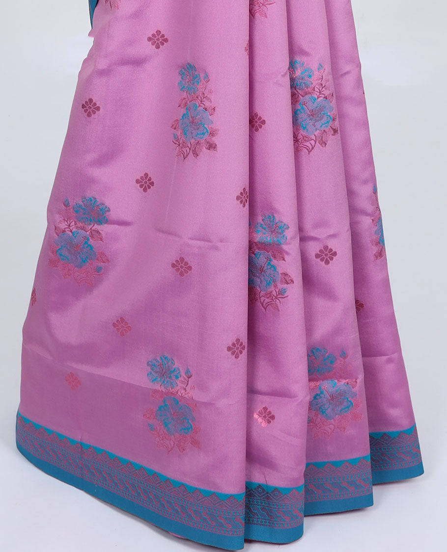 Lavender butter silk saree with floral buttas, contrast traditional motifs rose copper zari border & intricate pallu