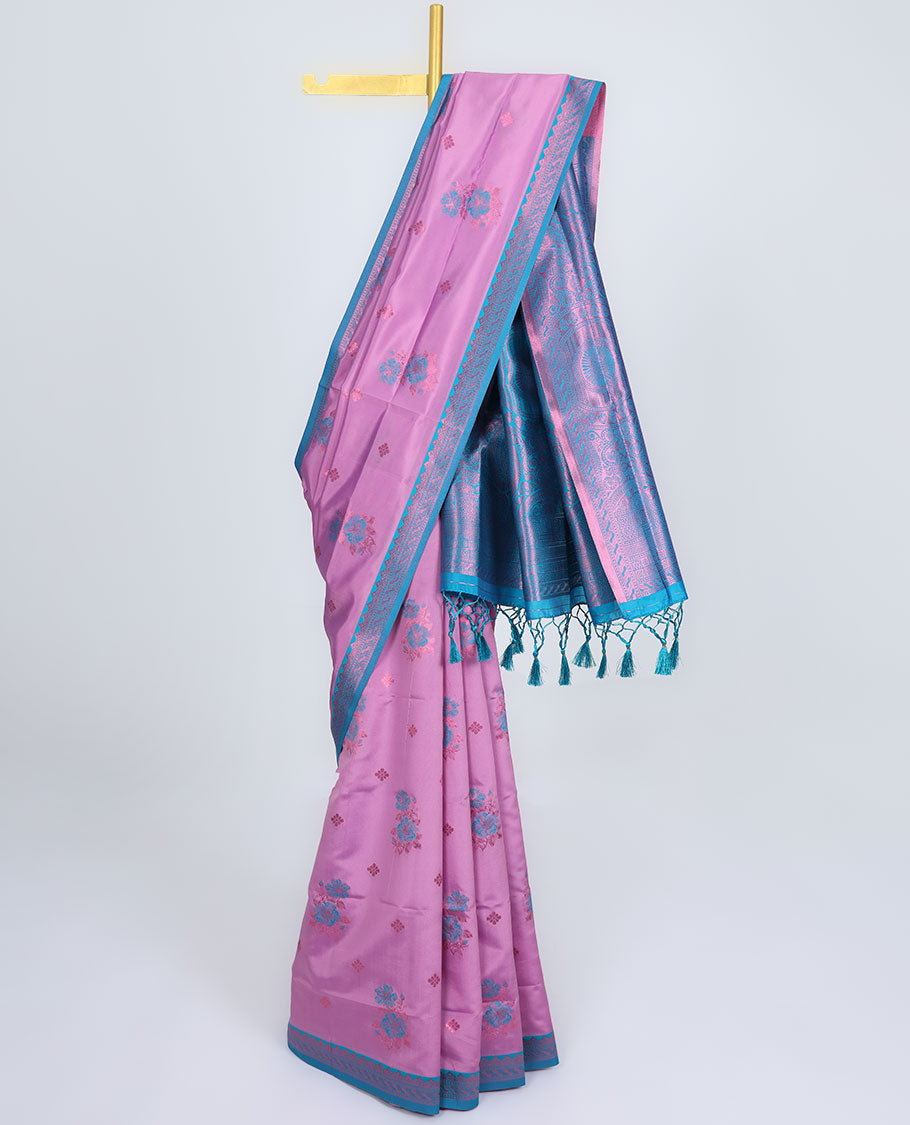 Lavender butter silk saree with floral buttas, contrast traditional motifs rose copper zari border & intricate pallu