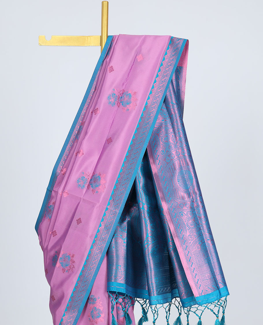 Lavender butter silk saree with floral buttas, contrast traditional motifs rose copper zari border & intricate pallu