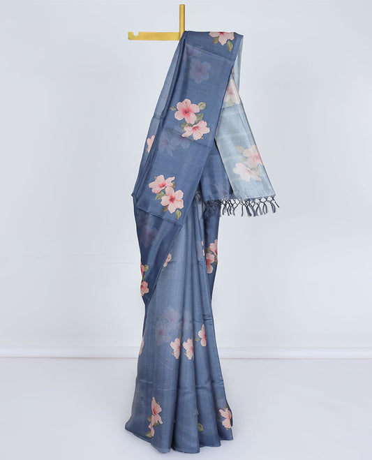 Borderless blue hibiscus-style floral motifs printed kamala silk saree, contrast plain blouse 