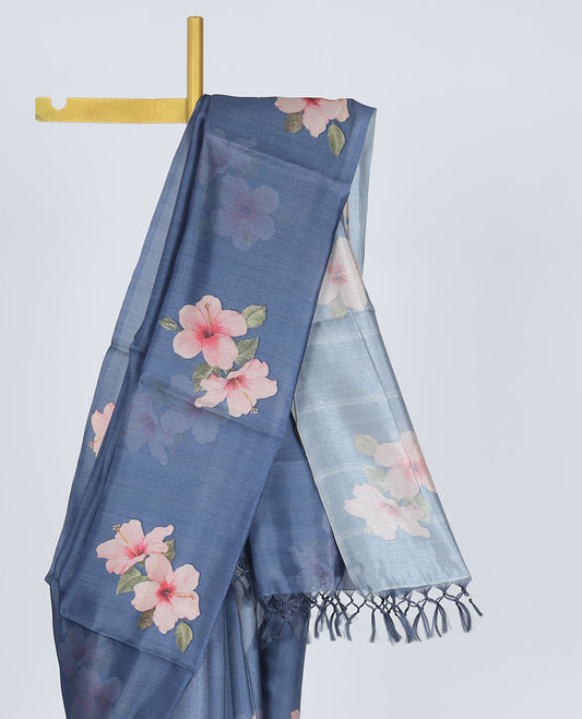 Borderless blue hibiscus-style floral motifs printed kamala silk saree, contrast plain blouse 
