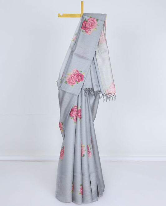 Borderless grey rose floral motifs printed kamala silk saree, contrast plain blouse 