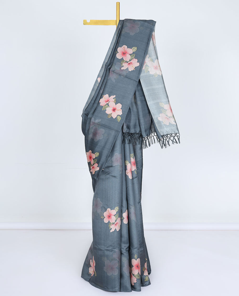 Borderless grey hibiscus-style floral motifs printed kamala silk saree, contrast plain blouse 