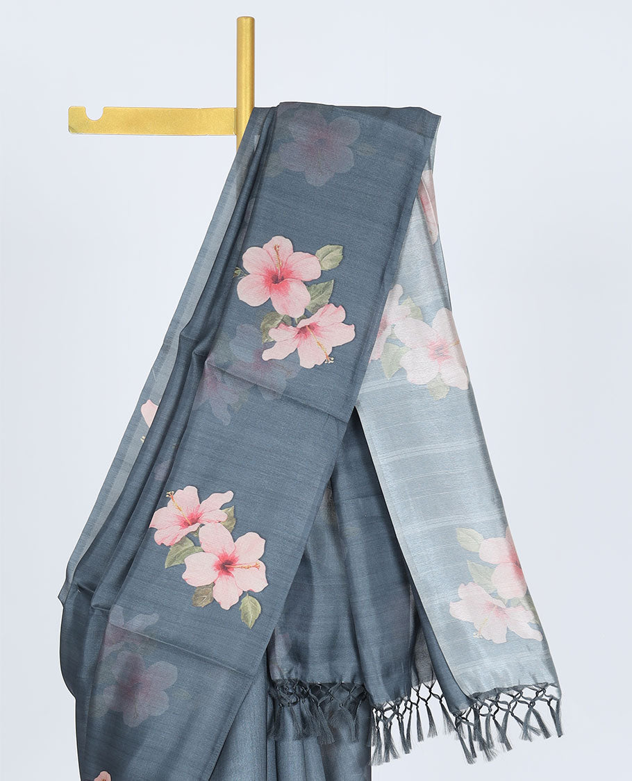 Borderless grey hibiscus-style floral motifs printed kamala silk saree, contrast plain blouse 
