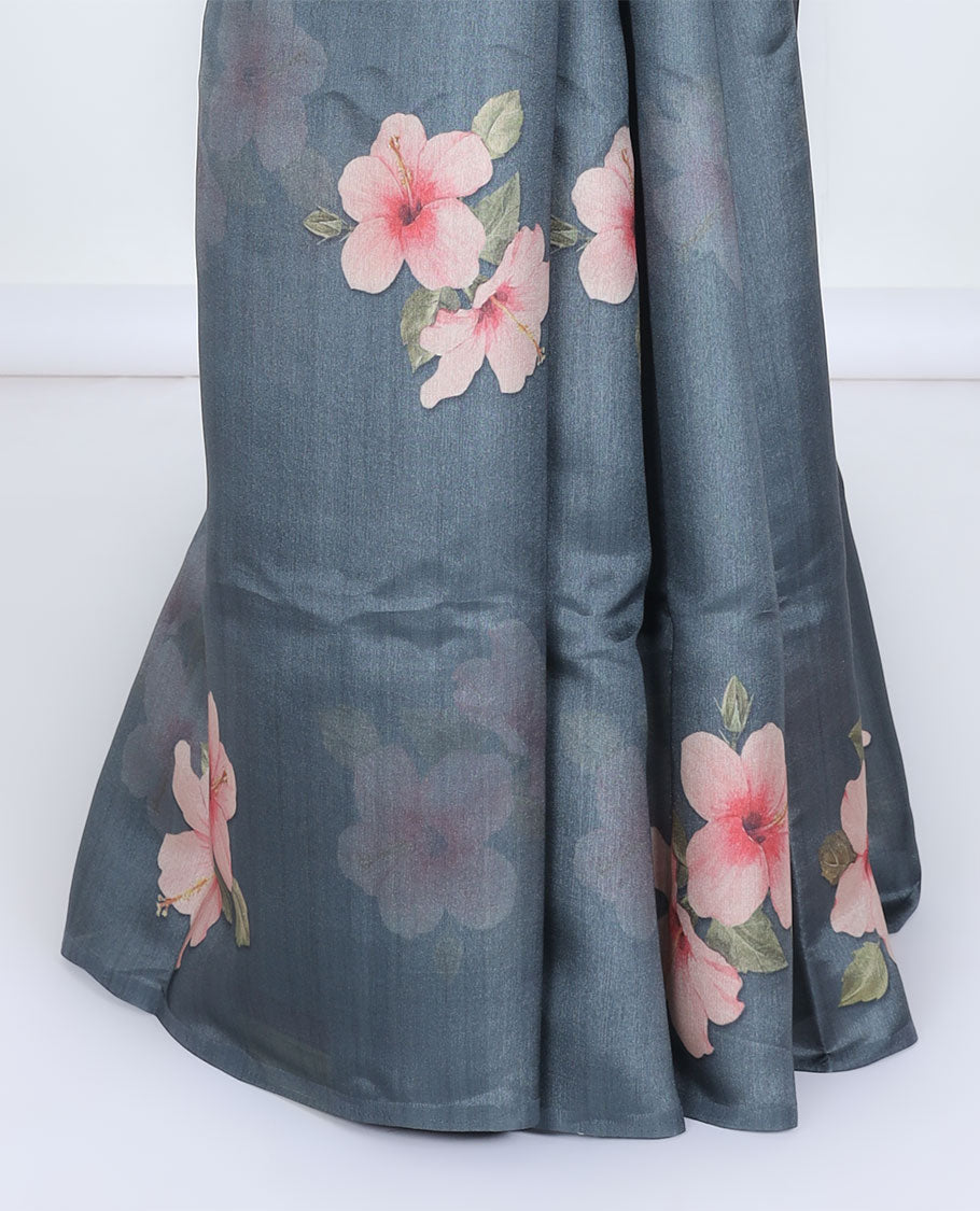 Borderless grey hibiscus-style floral motifs printed kamala silk saree, contrast plain blouse 
