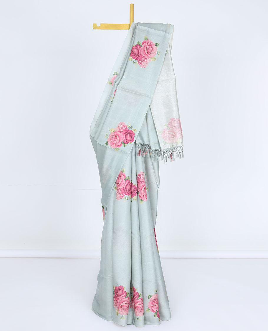 Borderless green rose floral motifs printed kamala silk saree, contrast plain blouse 