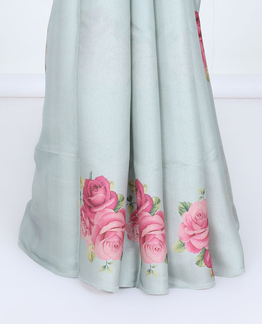 Borderless green rose floral motifs printed kamala silk saree, contrast plain blouse 