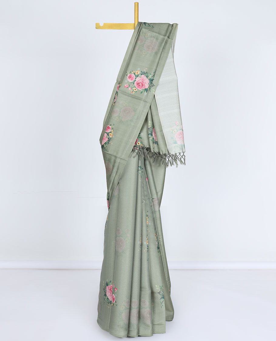 Borderless sage green rose floral motifs printed kamala silk saree, contrast plain blouse 
