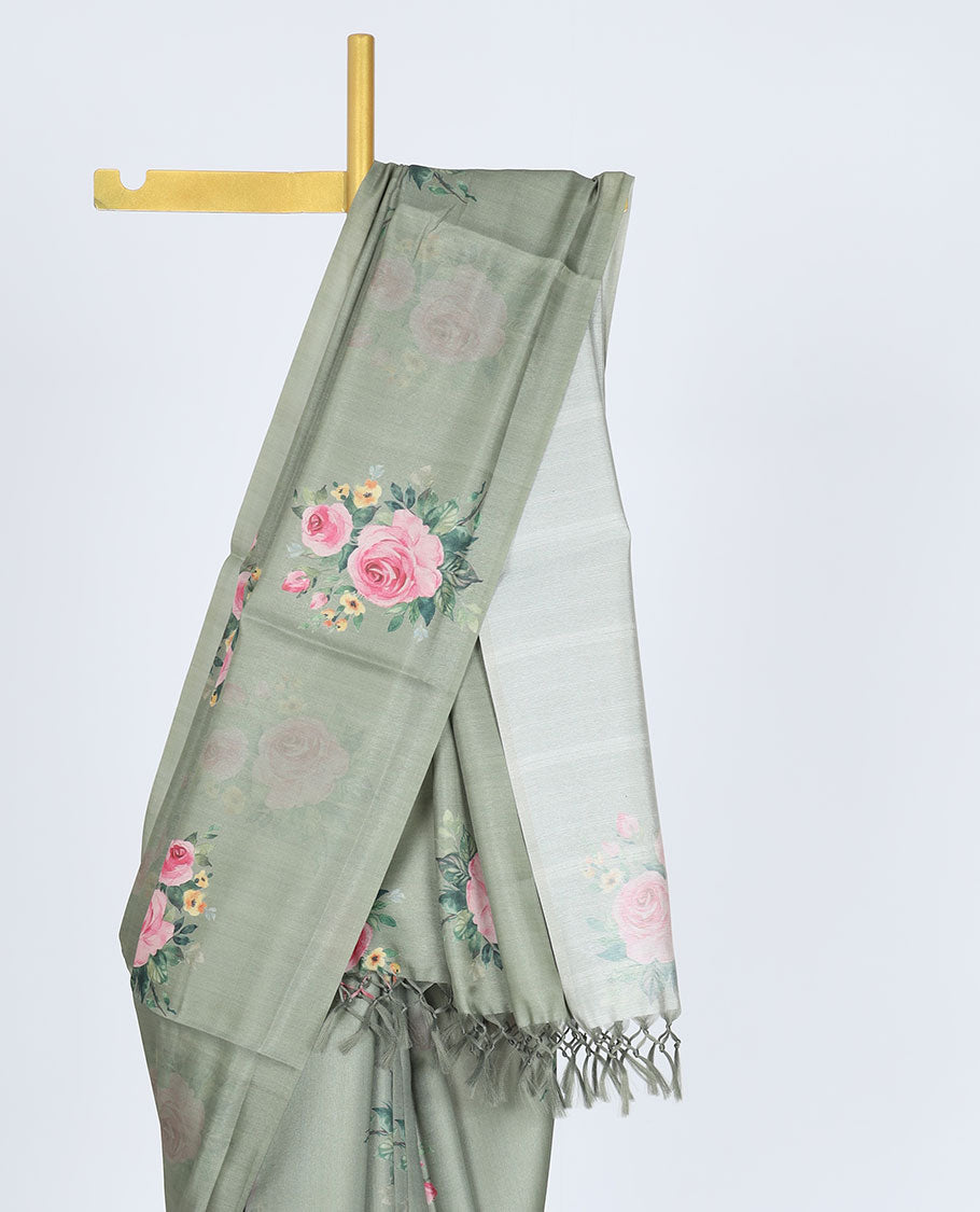 Borderless sage green rose floral motifs printed kamala silk saree, contrast plain blouse 