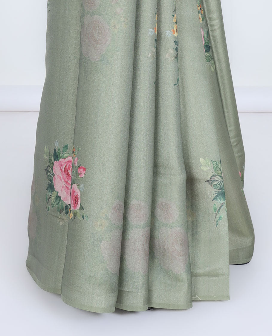 Borderless sage green rose floral motifs printed kamala silk saree, contrast plain blouse 