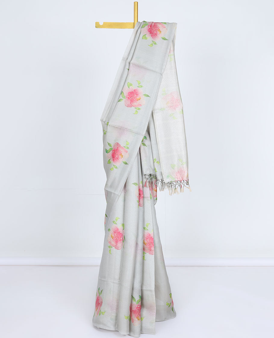 Borderless grey printed kamala silk saree with rose floral motifs, contrast plain blouse 