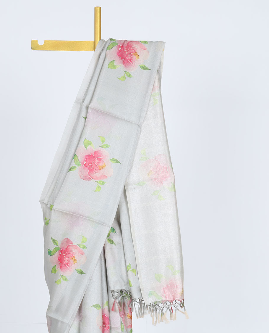 Borderless grey printed kamala silk saree with rose floral motifs, contrast plain blouse 