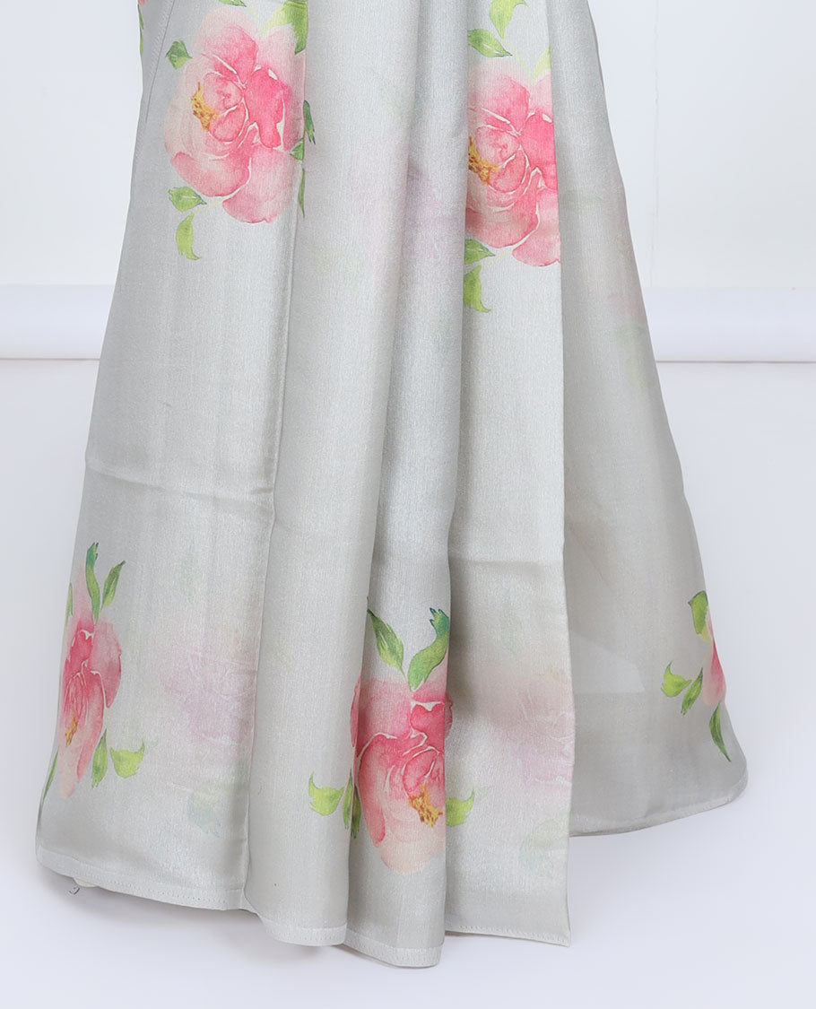 Borderless grey printed kamala silk saree with rose floral motifs, contrast plain blouse 