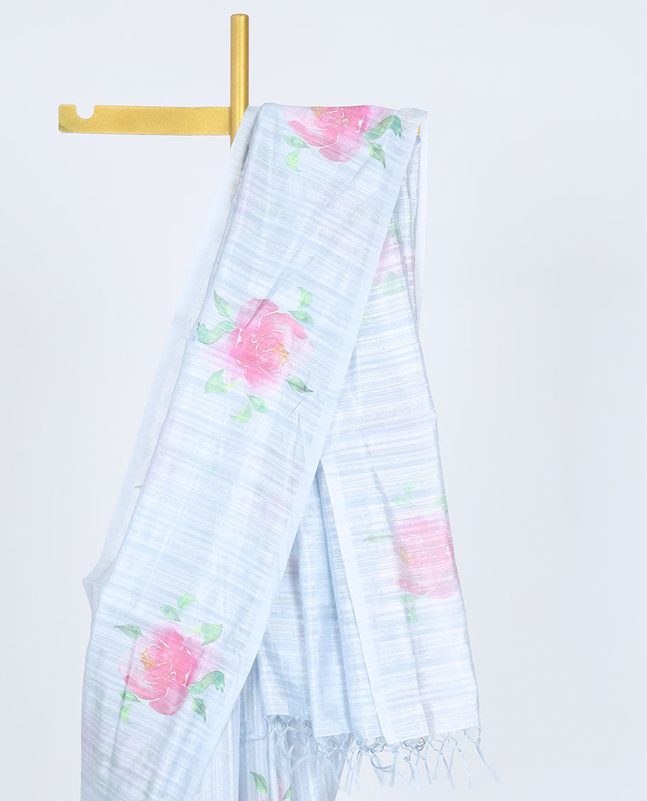 Borderless blue striped printed kamala silk saree with rose floral motifs, contrast plain blouse 