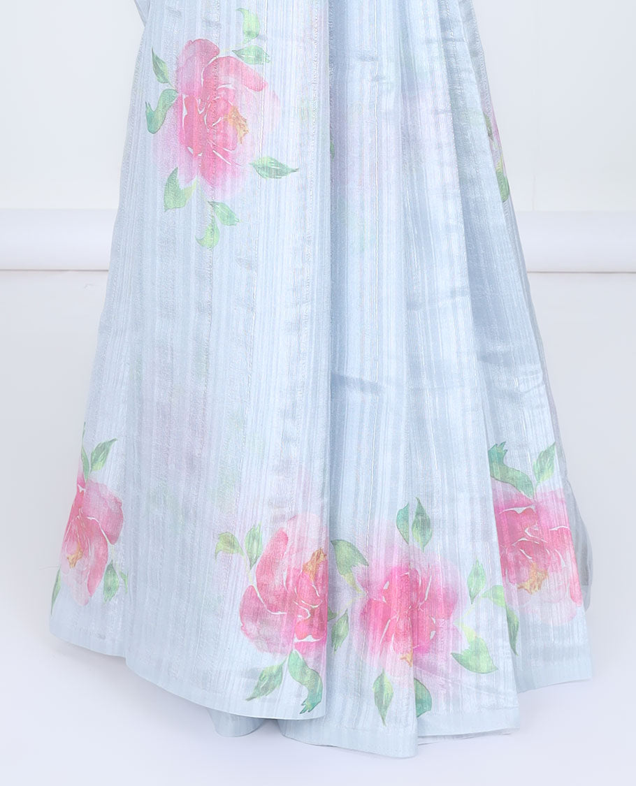 Borderless blue striped printed kamala silk saree with rose floral motifs, contrast plain blouse 
