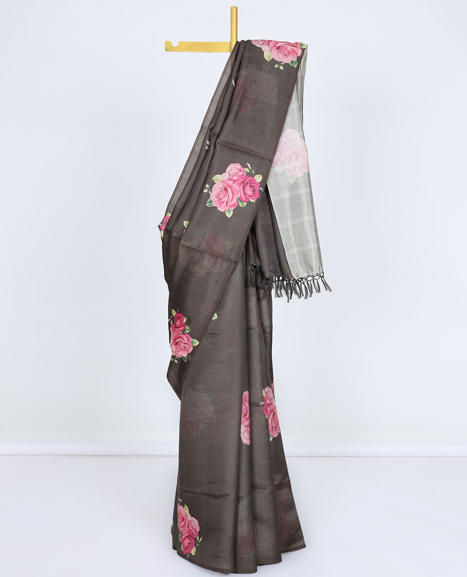 Borderless brown printed kamala silk saree with rose floral motifs, contrast plain blouse 