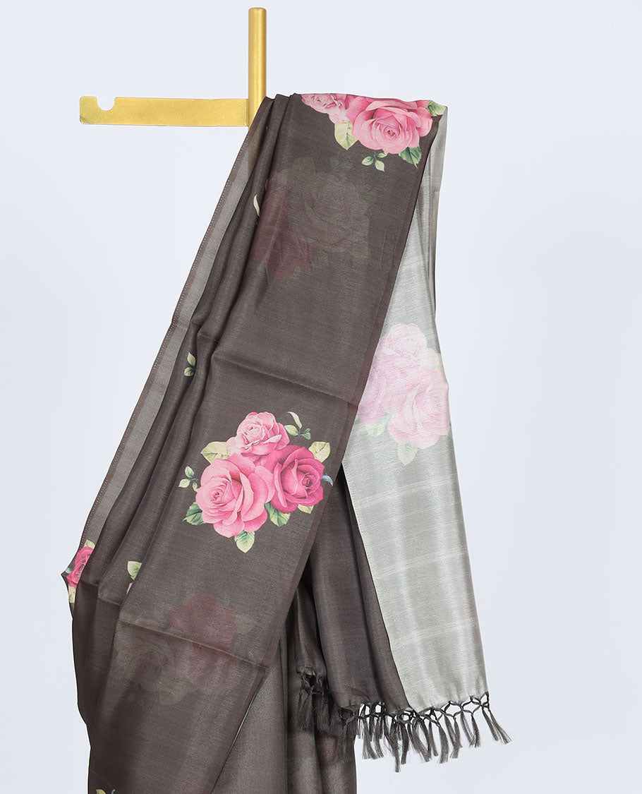 Borderless brown printed kamala silk saree with rose floral motifs, contrast plain blouse 