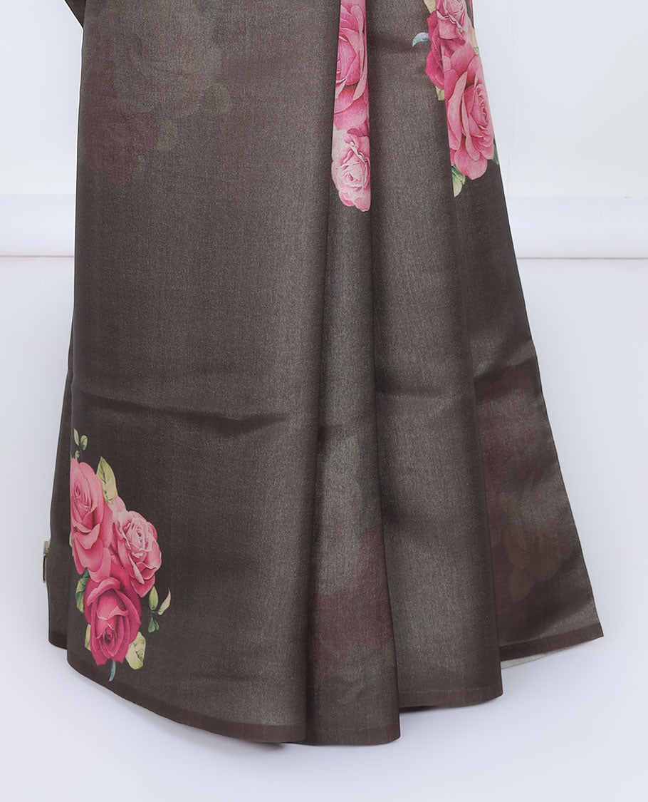 Borderless brown printed kamala silk saree with rose floral motifs, contrast plain blouse 