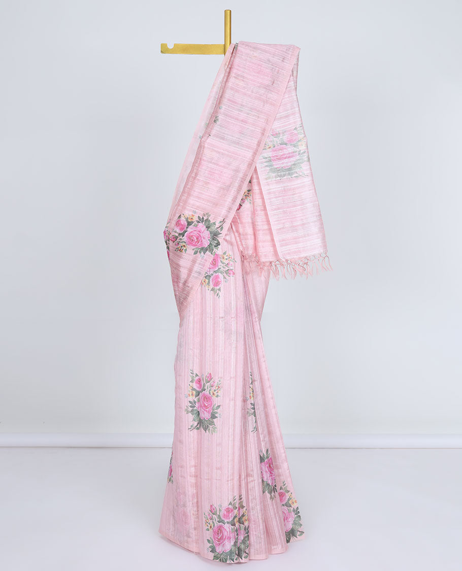Borderless pink striped printed kamala silk saree with rose floral motifs, contrast plain blouse 