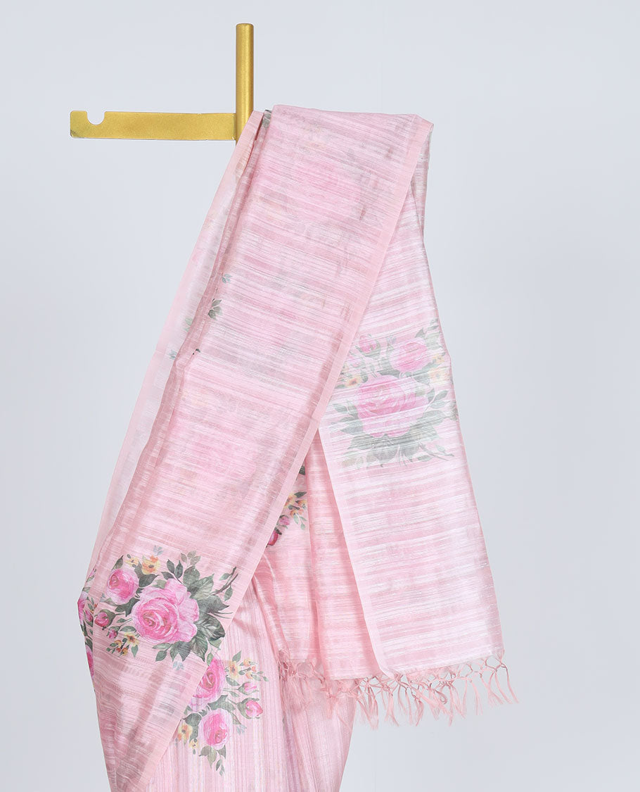 Borderless pink striped printed kamala silk saree with rose floral motifs, contrast plain blouse 