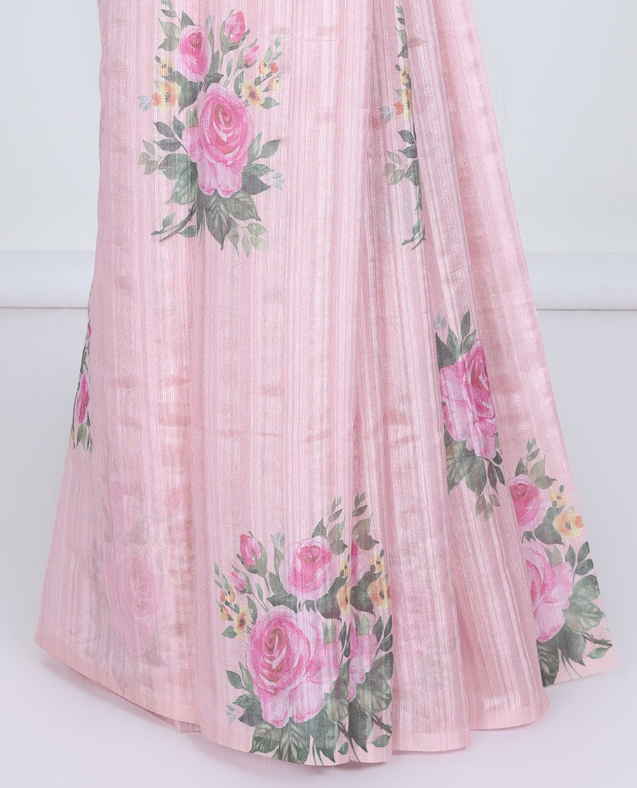 Borderless pink striped printed kamala silk saree with rose floral motifs, contrast plain blouse 