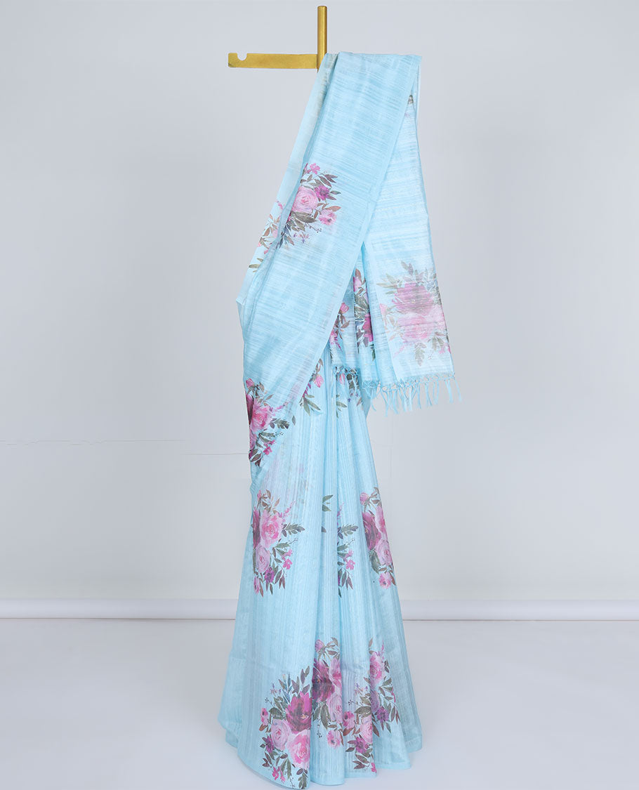 Borderless blue striped printed kamala silk saree with rose floral motifs, contrast plain blouse 