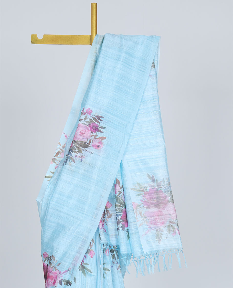 Borderless blue striped printed kamala silk saree with rose floral motifs, contrast plain blouse 