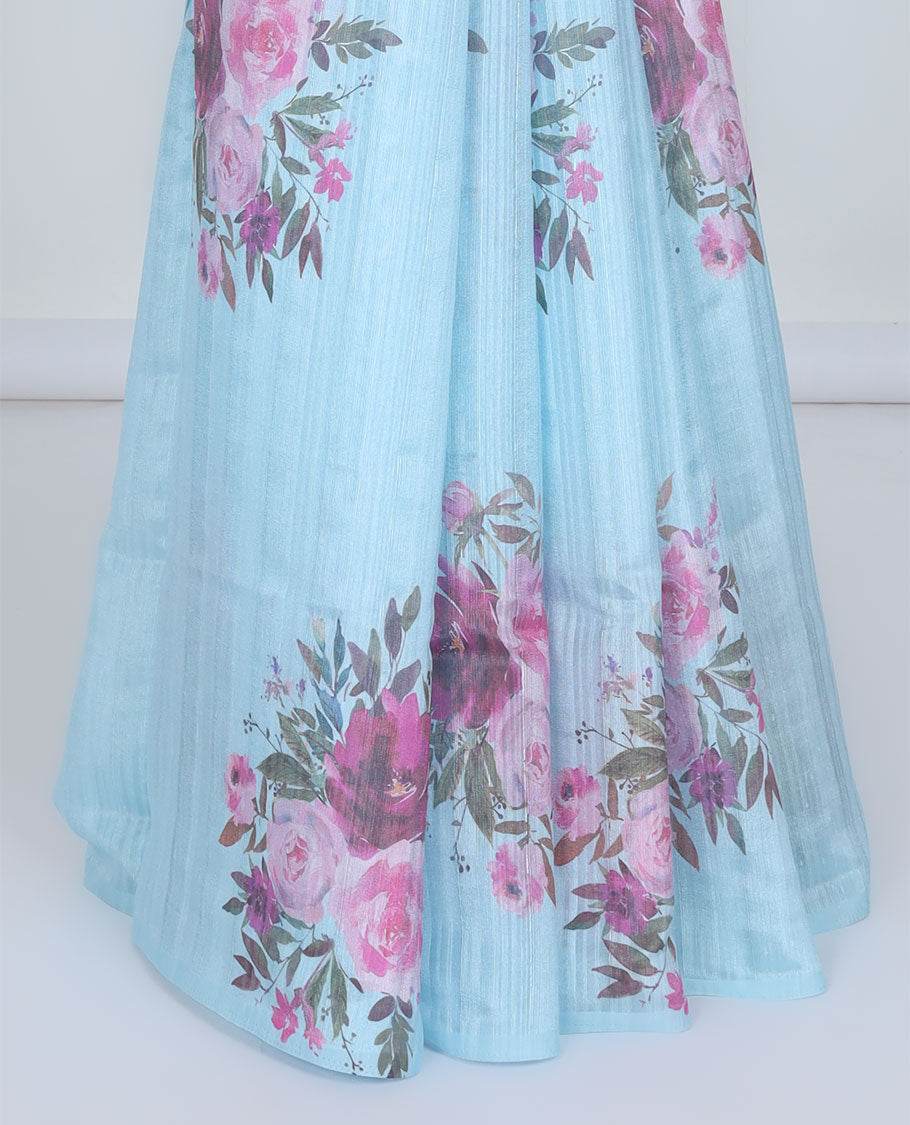 Borderless blue striped printed kamala silk saree with rose floral motifs, contrast plain blouse 