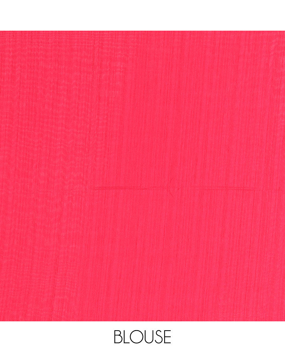 Borderless pink printed kamala silk saree with floral motifs, contrast plain blouse 