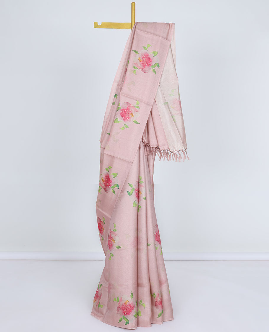 Borderless pink printed kamala silk saree with floral motifs, contrast plain blouse 