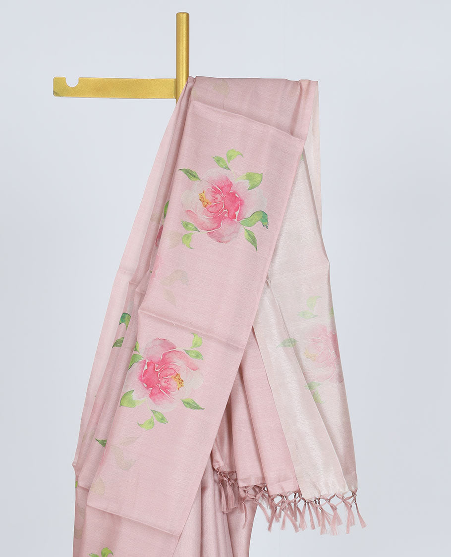 Borderless pink printed kamala silk saree with floral motifs, contrast plain blouse 