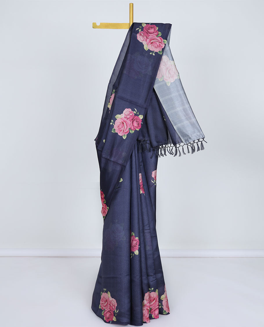 Borderless dark Blue printed kamala silk saree with rose floral motifs, contrast plain blouse 