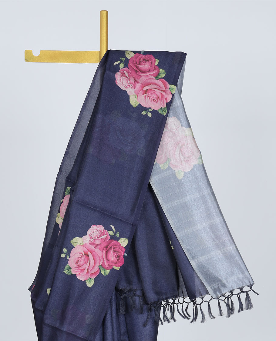 Borderless dark Blue printed kamala silk saree with rose floral motifs, contrast plain blouse 