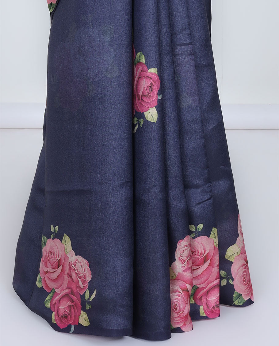 Borderless dark Blue printed kamala silk saree with rose floral motifs, contrast plain blouse 