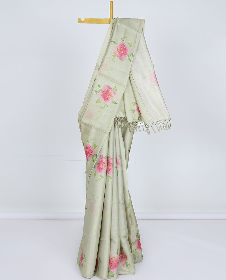 Borderless pastel green rose floral motifs printed kamala silk saree, contrast plain blouse 