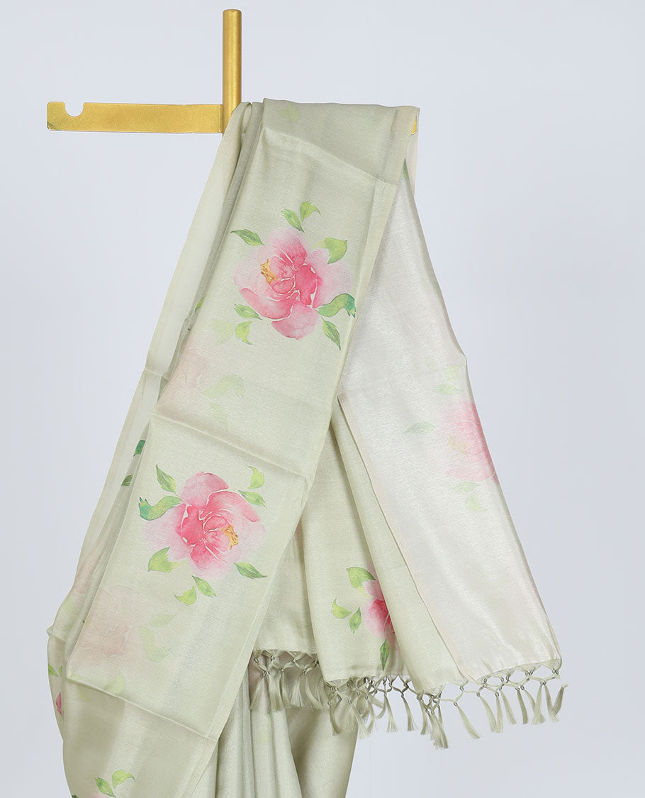 Borderless pastel green rose floral motifs printed kamala silk saree, contrast plain blouse 