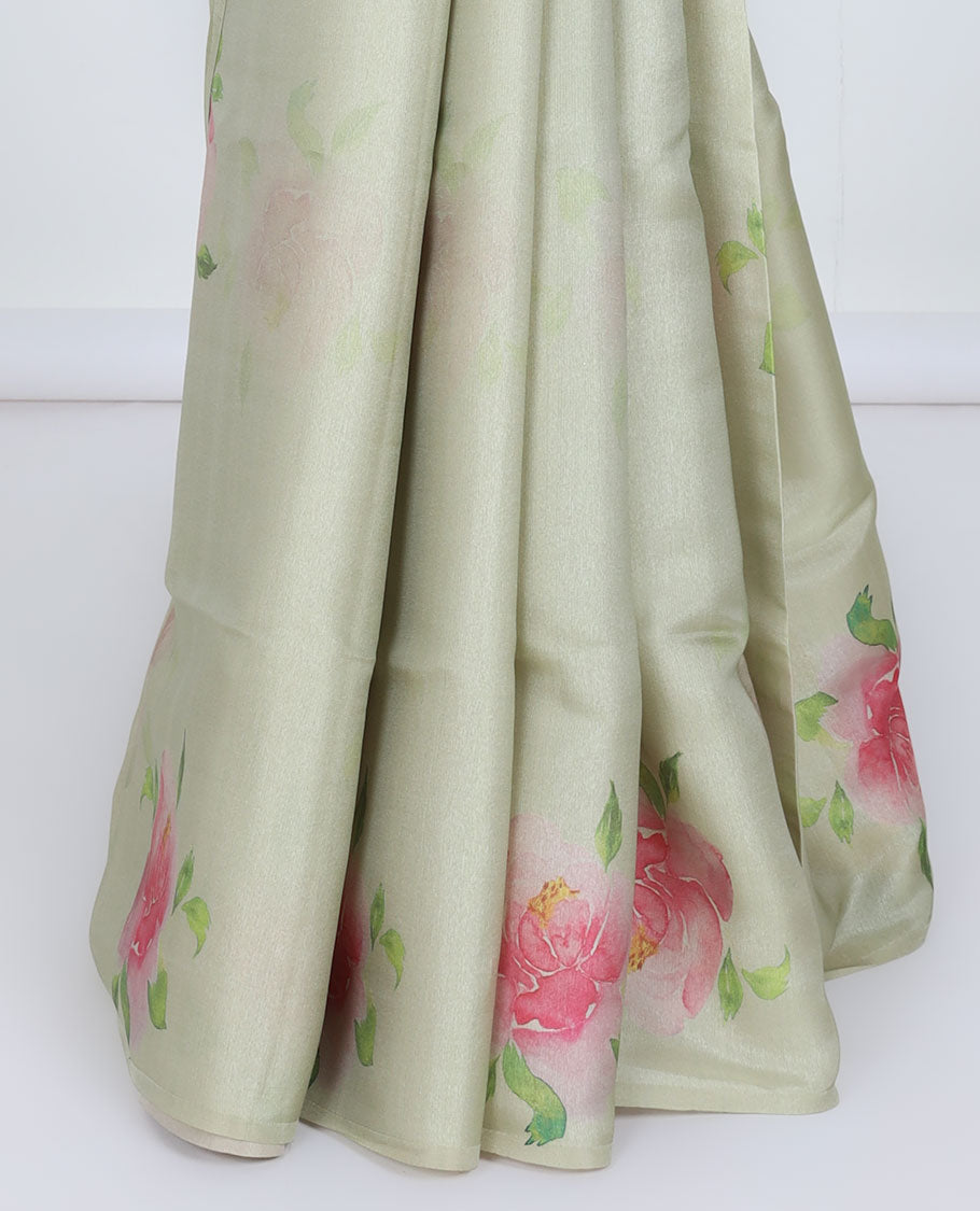 Borderless pastel green rose floral motifs printed kamala silk saree, contrast plain blouse 