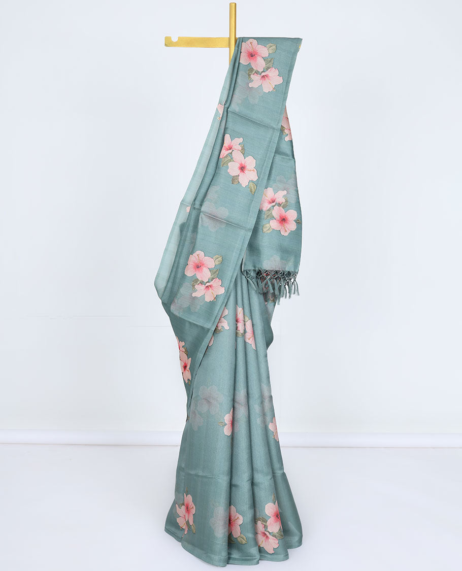 Borderless green floral motifs printed kamala silk saree, contrast plain blouse