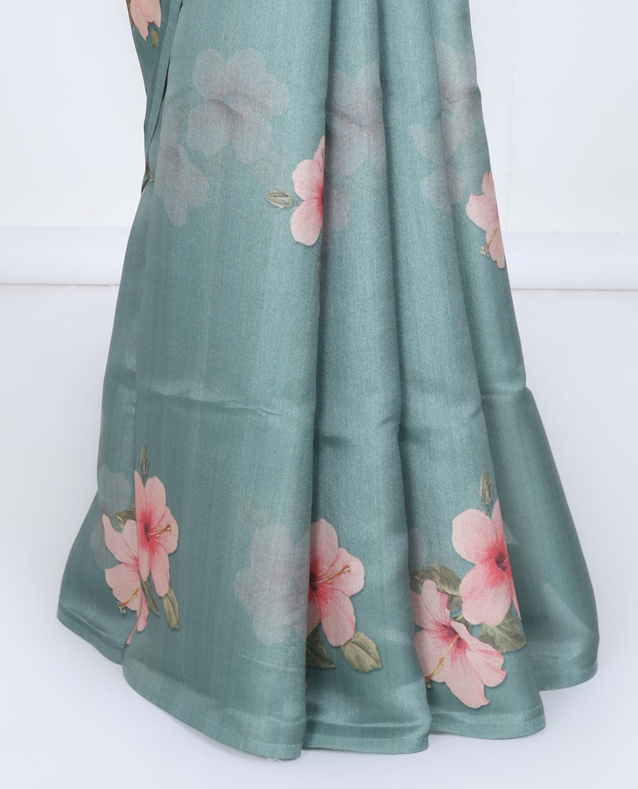 Borderless green floral motifs printed kamala silk saree, contrast plain blouse