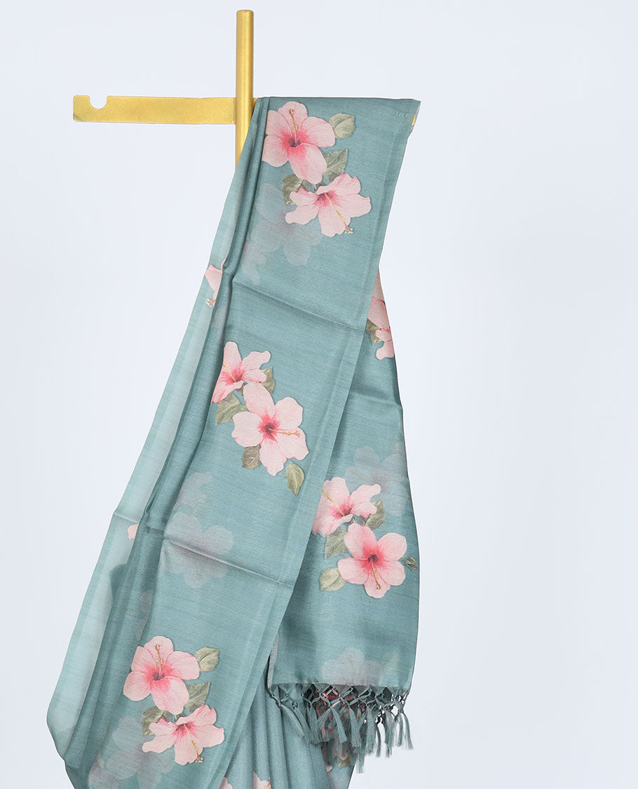 Borderless green floral motifs printed kamala silk saree, contrast plain blouse