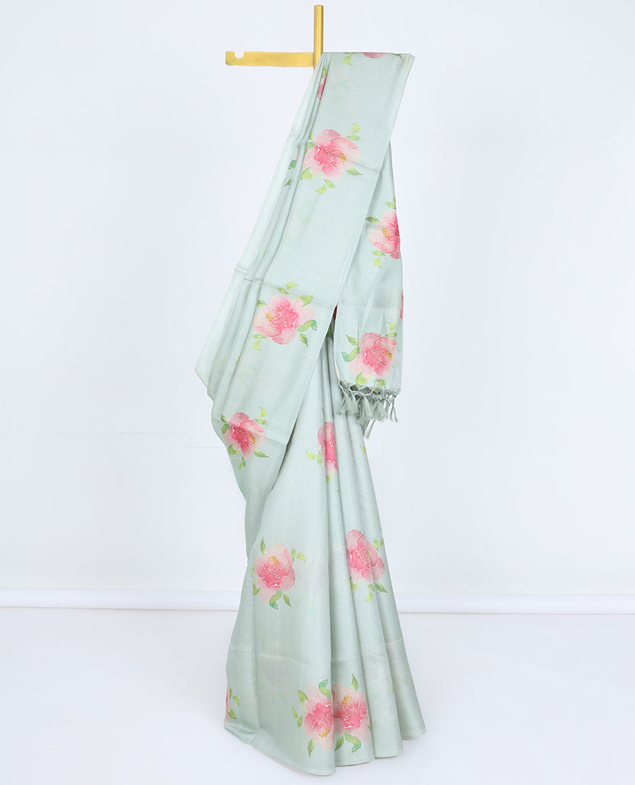 Borderless green rose floral motifs printed kamala silk saree, contrast plain blouse