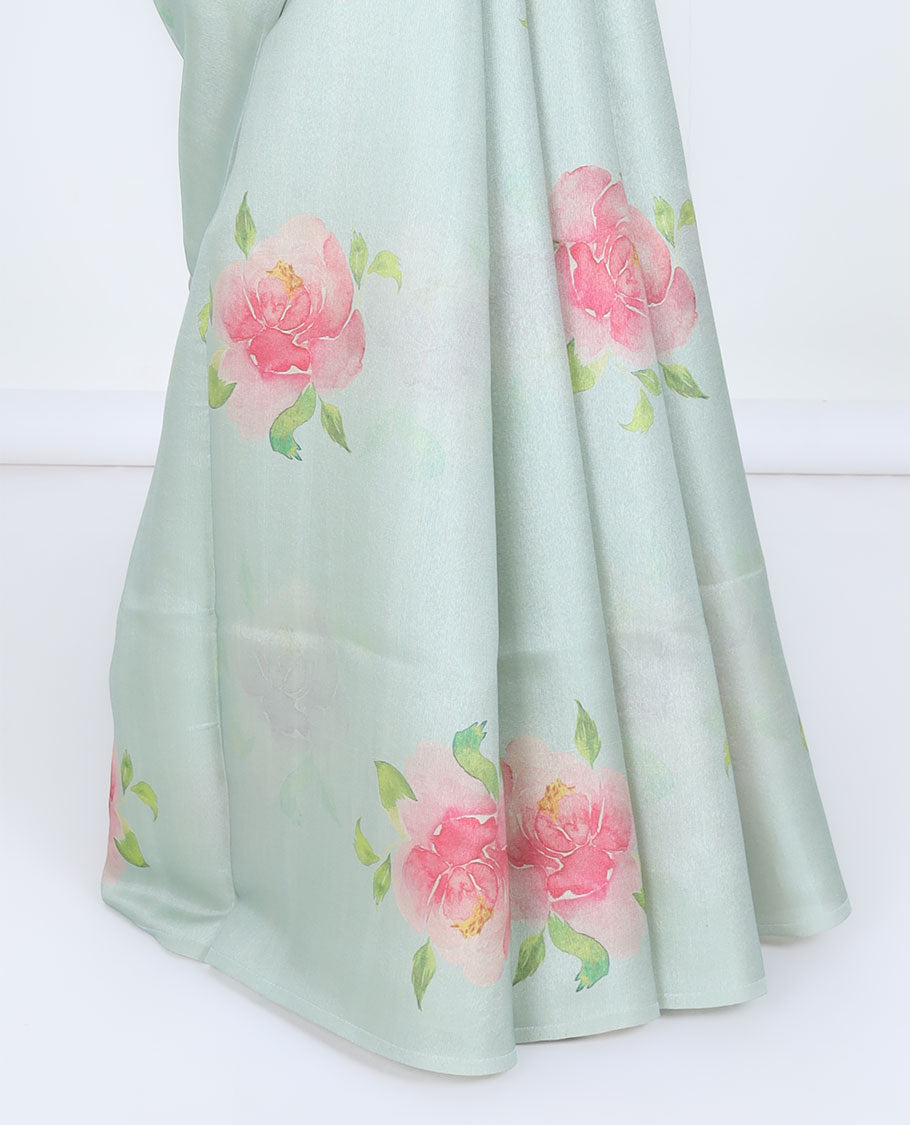 Borderless green rose floral motifs printed kamala silk saree, contrast plain blouse