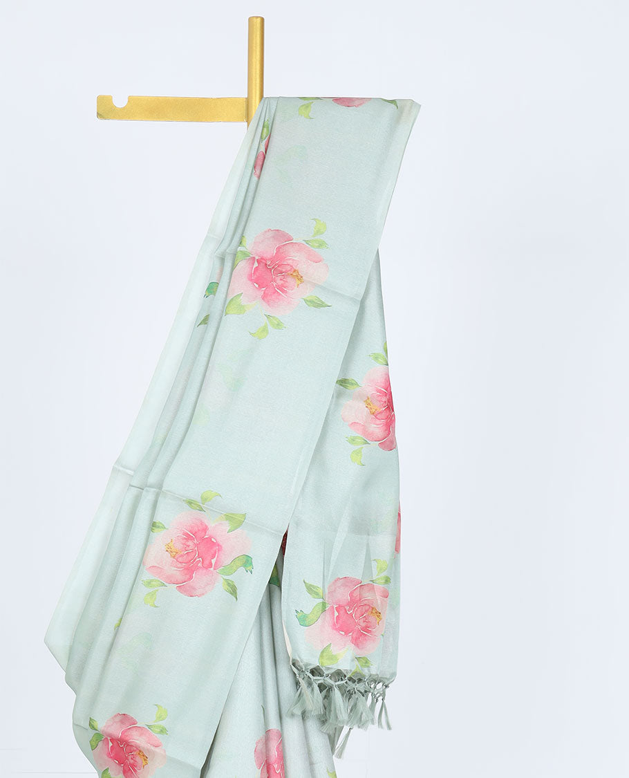 Borderless green rose floral motifs printed kamala silk saree, contrast plain blouse