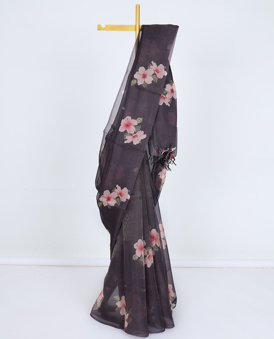 Borderless Black hibiscus floral motifs printed kamala silk saree, contrast plain blouse