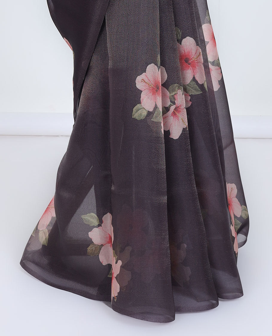 Borderless Black hibiscus floral motifs printed kamala silk saree, contrast plain blouse