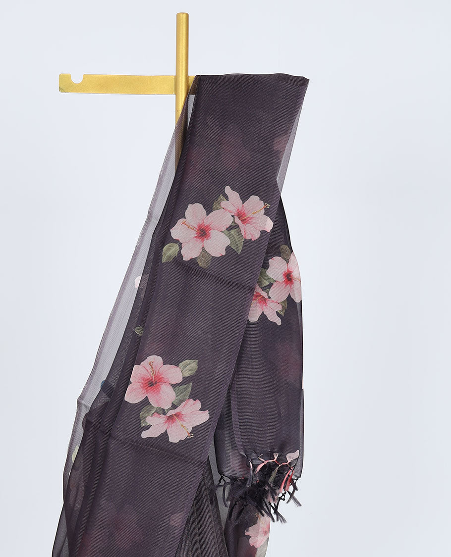Borderless Black hibiscus floral motifs printed kamala silk saree, contrast plain blouse