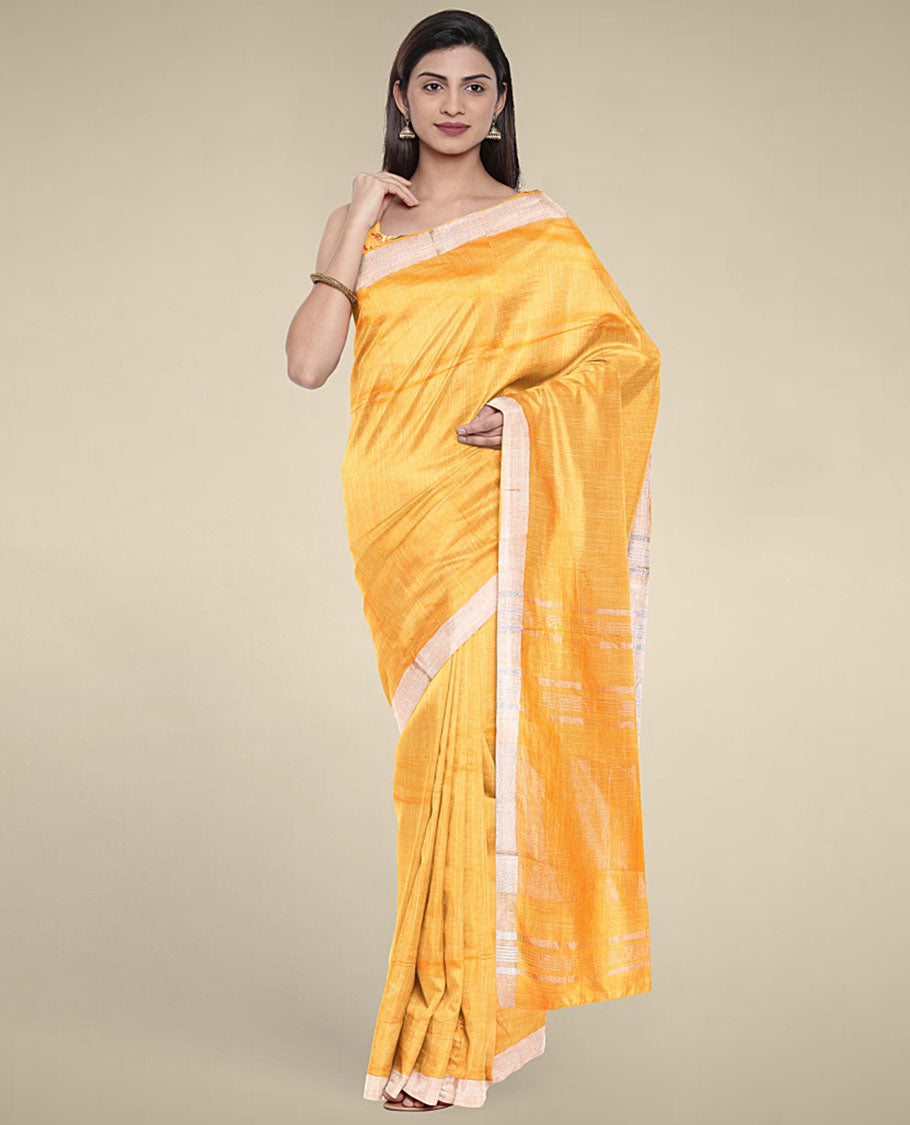Orange plain design cotton saree with plain border & pallu of stripes, floral printed blouse